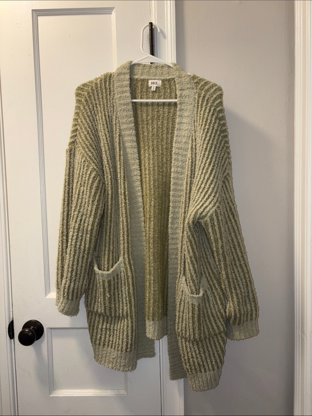 BKE Olive Ribbed Open-Front Cardigan with Pockets